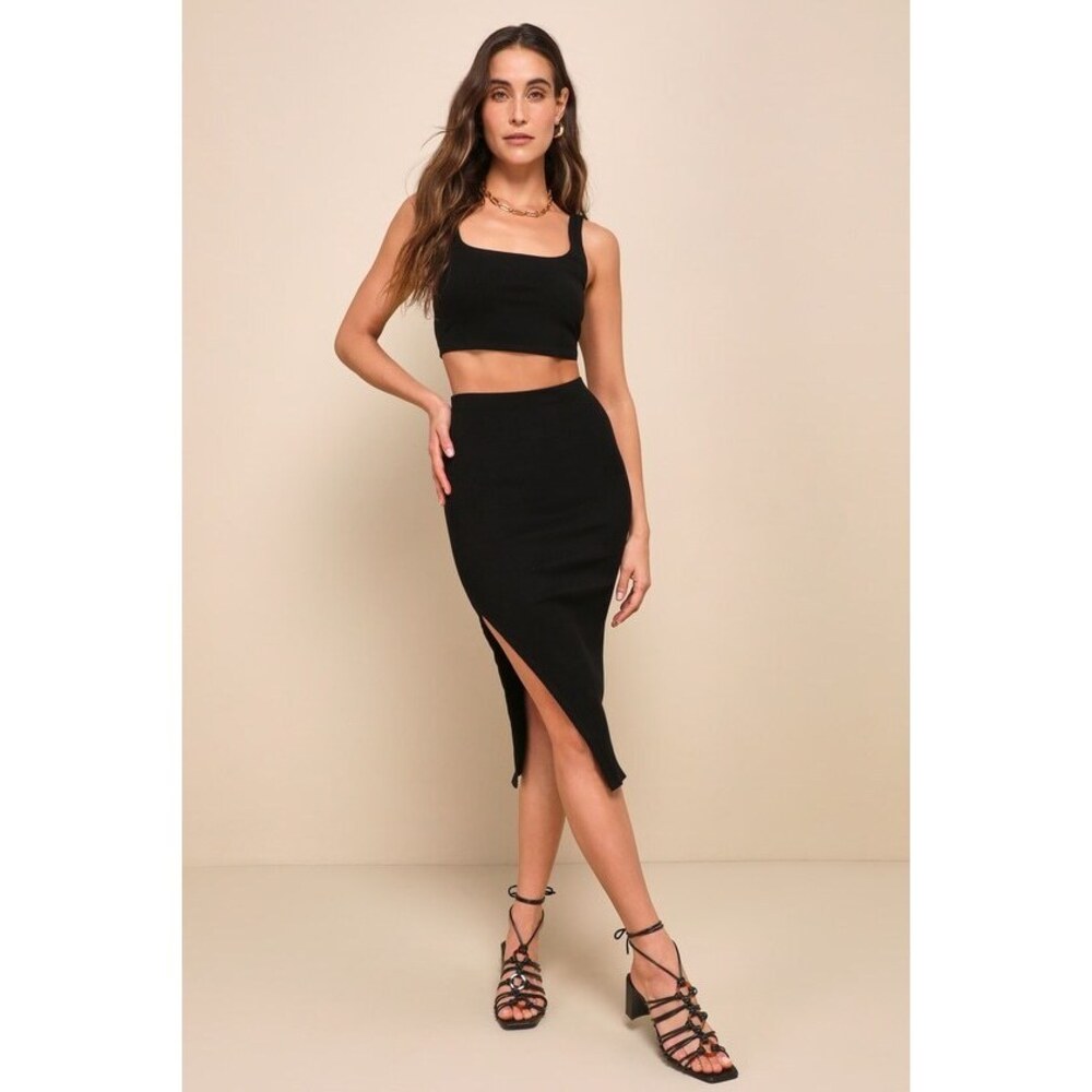 Lulus Set For Life Black Ribbed Bodycon Two-piece Midi Dress - Size L